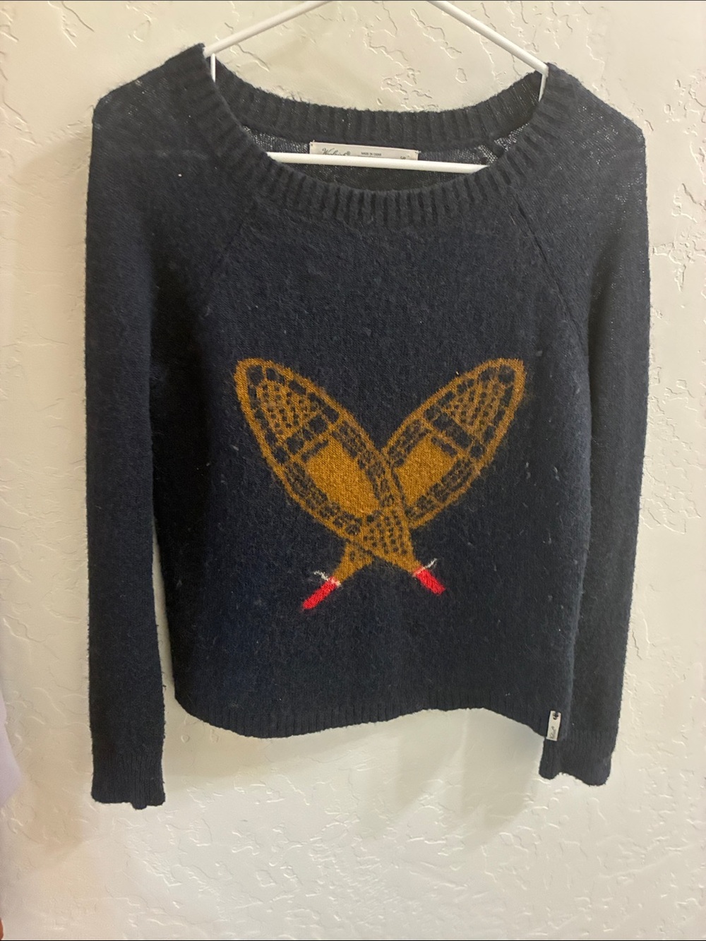 Woolrich Navy Crewneck Sweater with Mustard Snowshoe Motif
